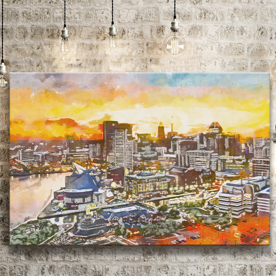 Baltimore Maryland Usa Downtown Cityscape Dusk City Art Watercolor Canvas Prints Wall Art Home Decor, Large Canvas