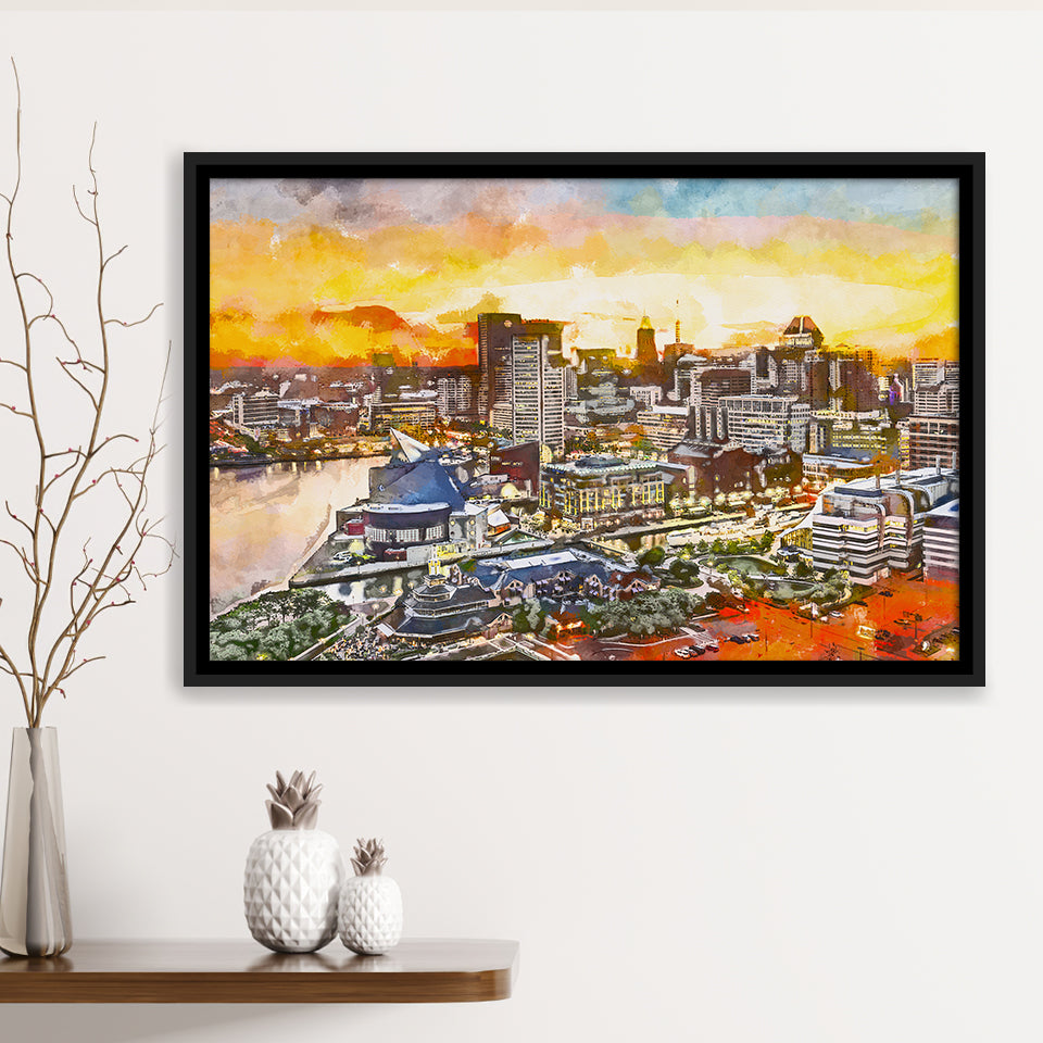 Baltimore Maryland Usa Downtown Cityscape Dusk City Art Watercolor Framed Canvas Prints Wall Art Home Decor,Floating Frame