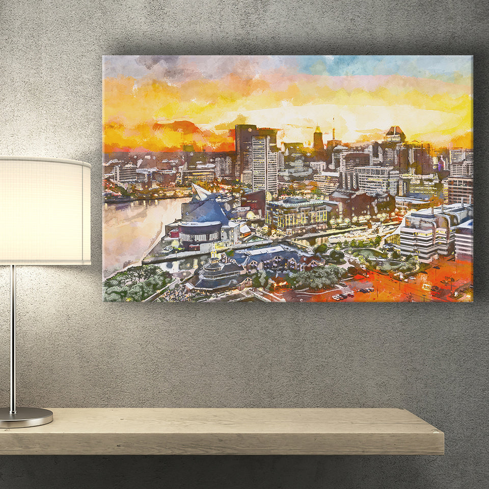 Baltimore Maryland Usa Downtown Cityscape Dusk City Art Watercolor Canvas Prints Wall Art Home Decor, Large Canvas