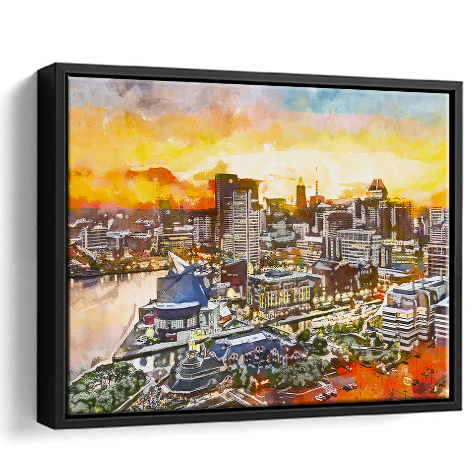 Baltimore Maryland Usa Downtown Cityscape Dusk City Art Watercolor Framed Canvas Prints Wall Art Home Decor,Floating Frame