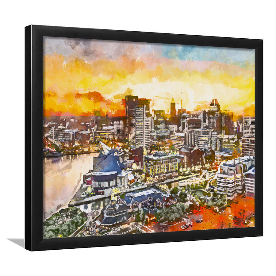 Baltimore Maryland Usa Downtown Cityscape Dusk City Art Watercolor Framed Art Prints Wall Art Decor,Framed Picture