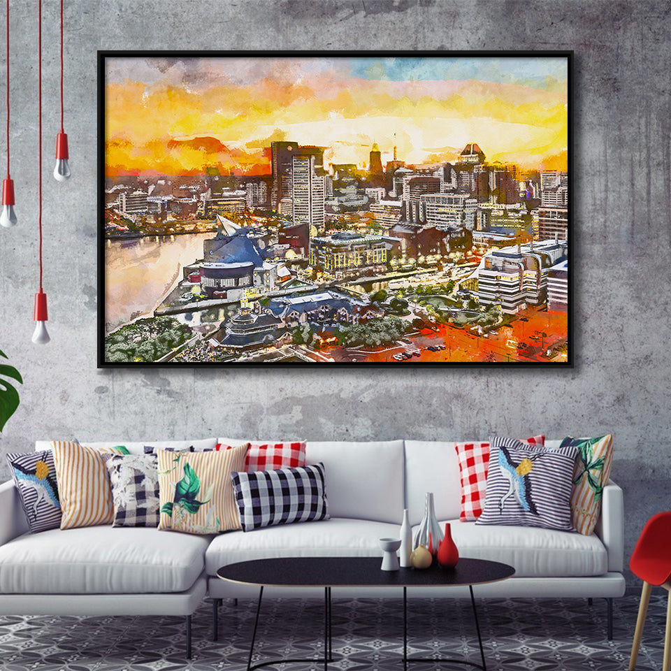 Baltimore Maryland Usa Downtown Cityscape Dusk City Art Watercolor Framed Canvas Prints Wall Art Home Decor,Floating Frame