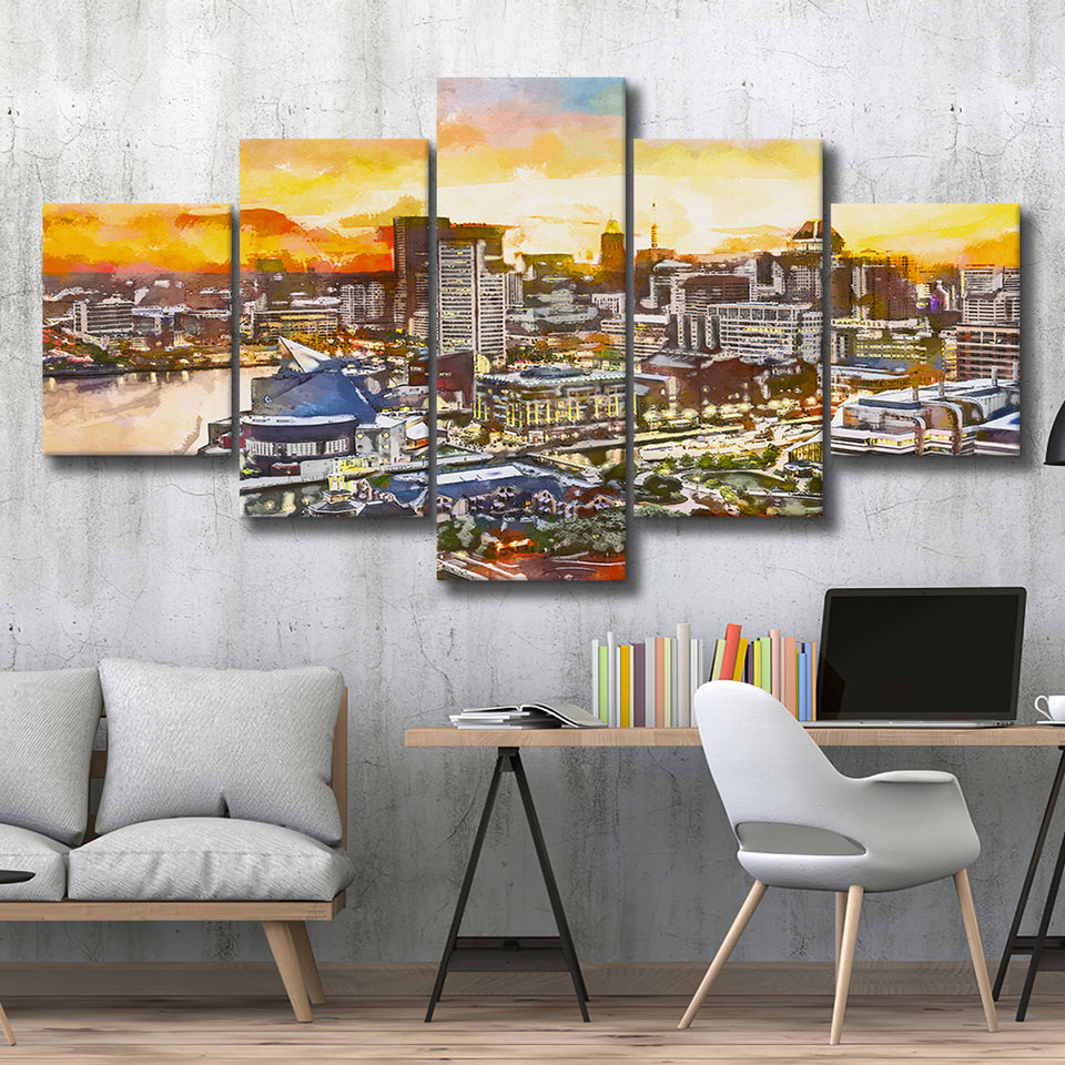 Baltimore Maryland Usa Downtown Cityscape Dusk 5 Pieces Mixed Canvas Prints Wall Art Home Decor