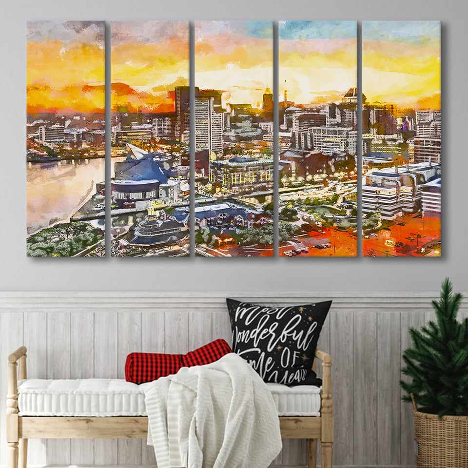 Baltimore Maryland Usa Downtown Cityscape Dusk 5 Pieces Extra Large Canvas Prints Wall Art Home Decor