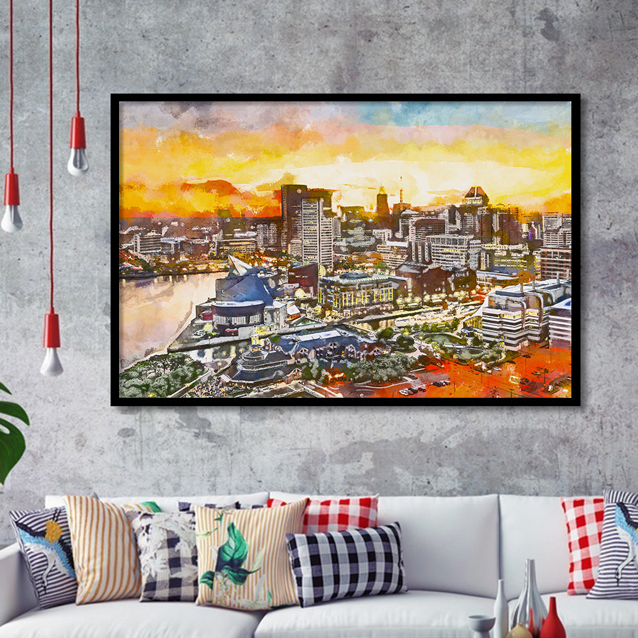 Baltimore Maryland Usa Downtown Cityscape Dusk City Art Watercolor Framed Art Prints Wall Art Decor,Framed Picture