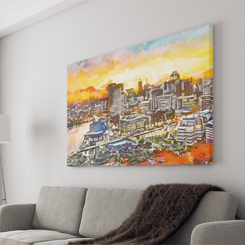 Baltimore Maryland Usa Downtown Cityscape Dusk City Art Watercolor Canvas Prints Wall Art Home Decor, Large Canvas