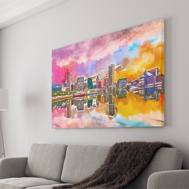 Baltimore Maryland Usa Skyline On Inner City Art Watercolor Canvas Prints Wall Art Home Decor, Large Canvas