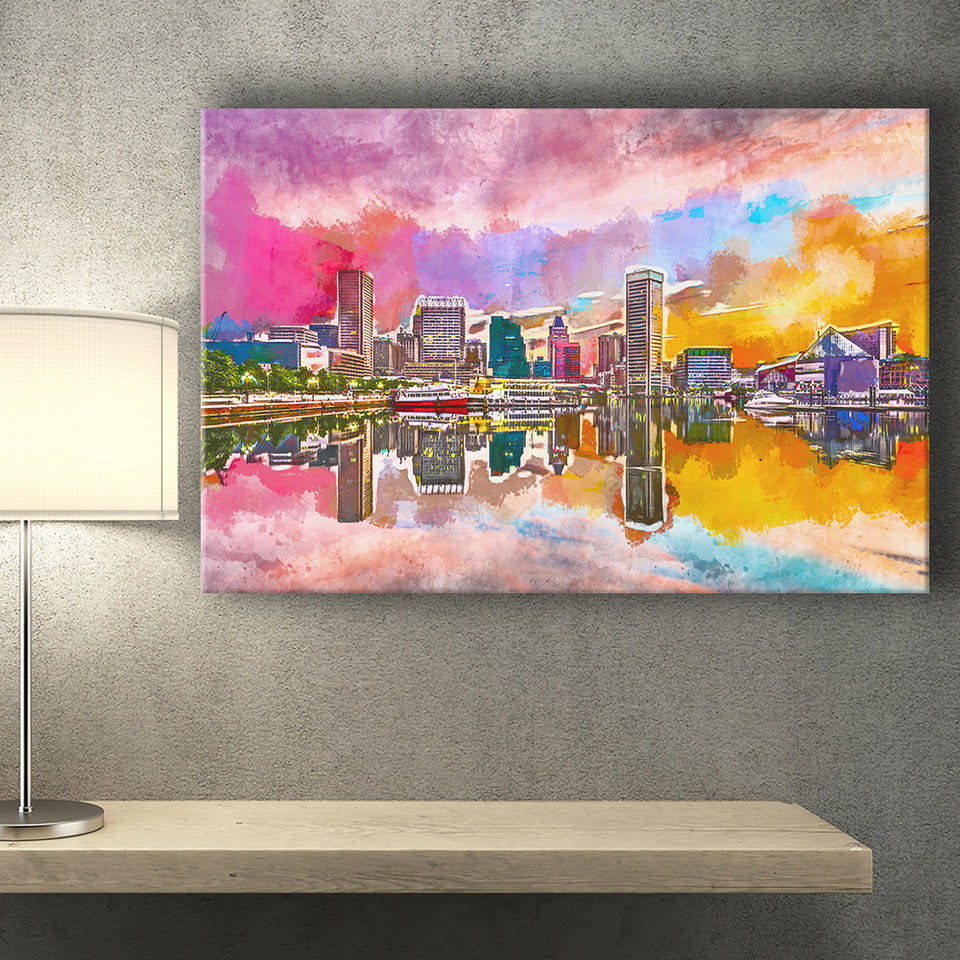 Baltimore Maryland Usa Skyline On Inner City Art Watercolor Canvas Prints Wall Art Home Decor, Large Canvas