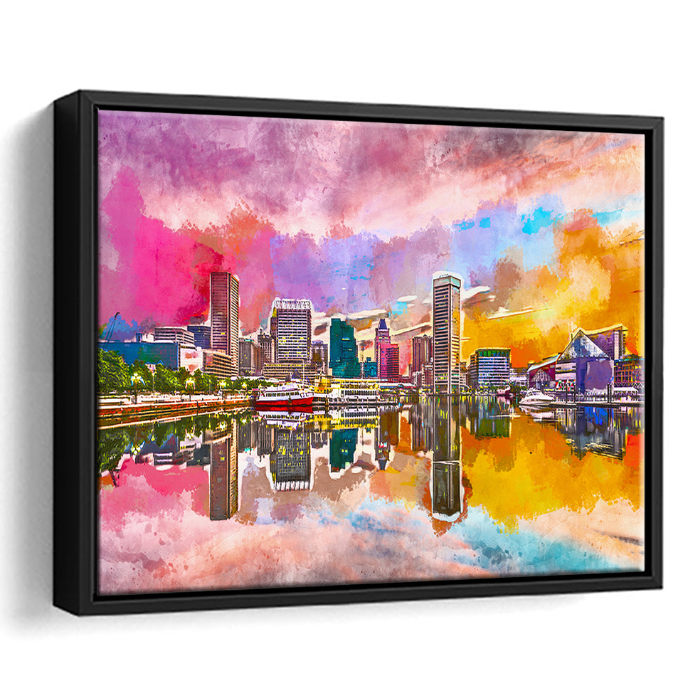 Baltimore Maryland Usa Skyline On Inner City Art Watercolor Framed Canvas Prints Wall Art Home Decor,Floating Frame