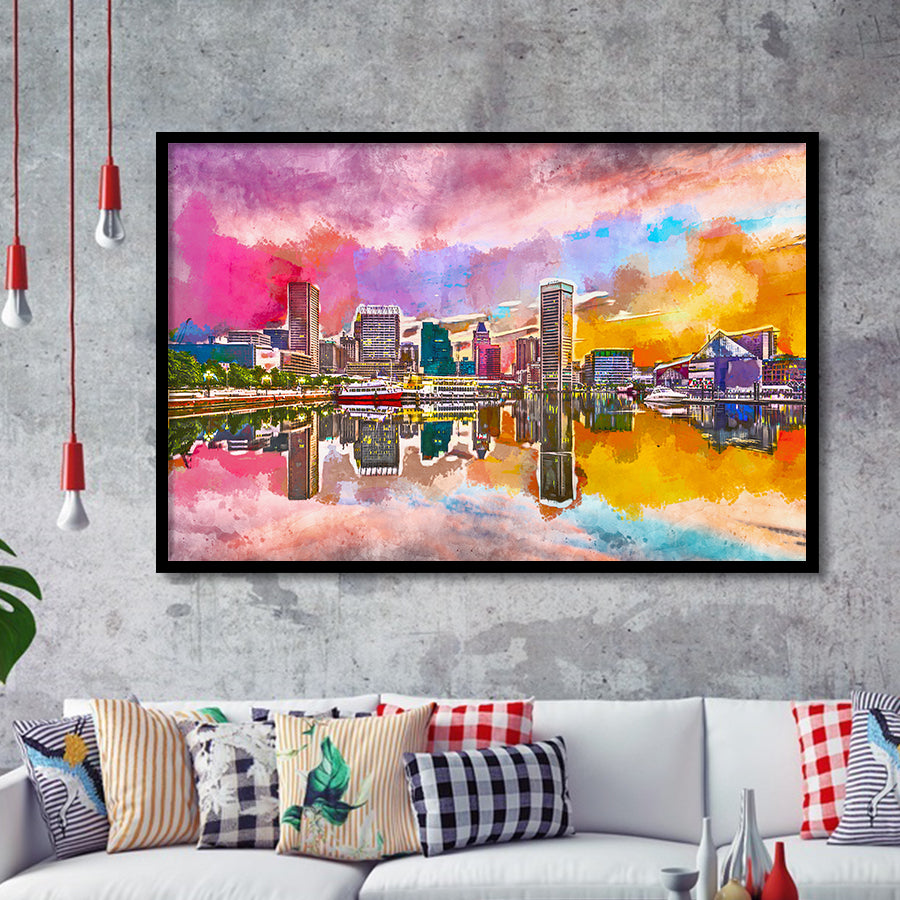 Baltimore Maryland Usa Skyline On Inner City Art Watercolor Framed Art Prints Wall Art Decor,Framed Picture
