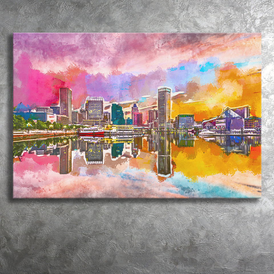 Baltimore Maryland Usa Skyline On Inner City Art Watercolor Canvas Prints Wall Art Home Decor, Large Canvas