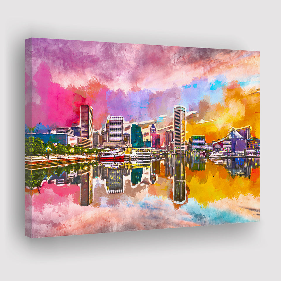 Baltimore Maryland Usa Skyline On Inner City Art Watercolor Canvas Prints Wall Art Home Decor, Large Canvas