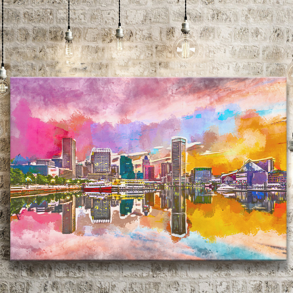 Baltimore Maryland Usa Skyline On Inner City Art Watercolor Canvas Prints Wall Art Home Decor, Large Canvas