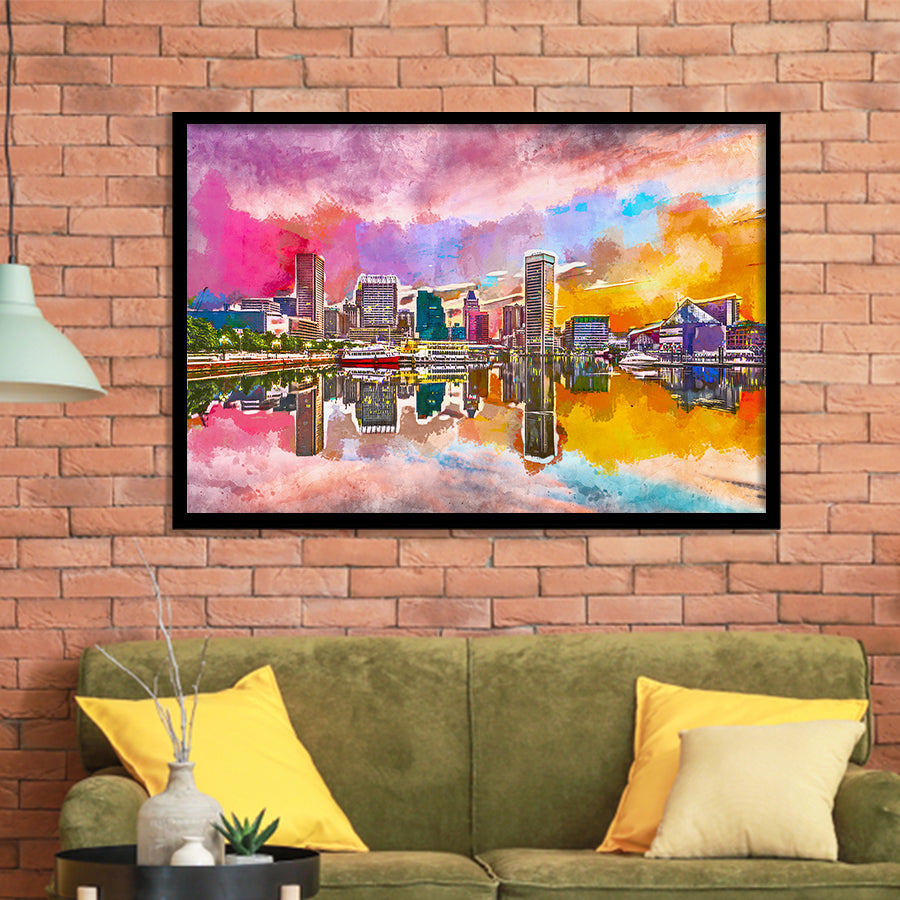 Baltimore Maryland Usa Skyline On Inner City Art Watercolor Framed Art Prints Wall Art Decor,Framed Picture