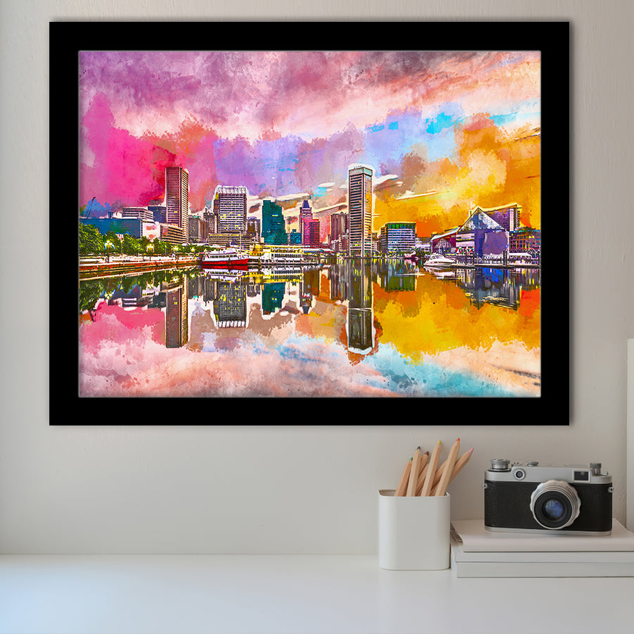 Baltimore Maryland Usa Skyline On Inner City Art Watercolor Framed Art Prints Wall Art Decor,Framed Picture