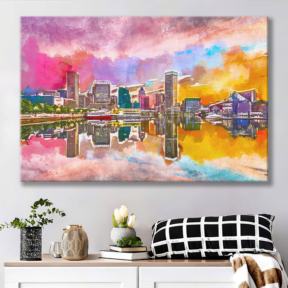 Baltimore Maryland Usa Skyline On Inner City Art Watercolor Canvas Prints Wall Art Home Decor, Large Canvas