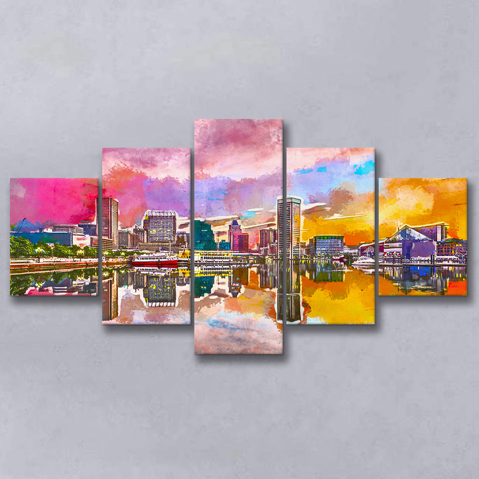 Baltimore Maryland Usa Skyline On Inner 5 Pieces Mixed Canvas Prints Wall Art Home Decor