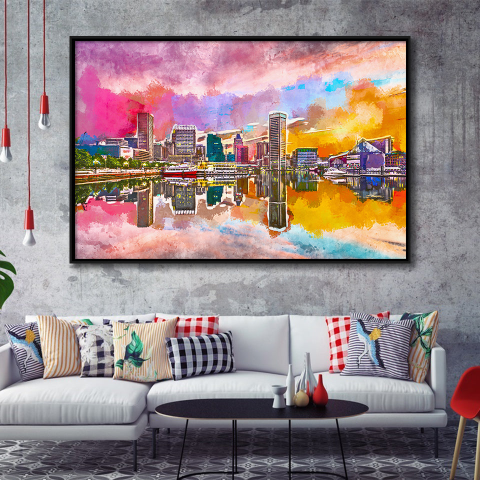 Baltimore Maryland Usa Skyline On Inner City Art Watercolor Framed Canvas Prints Wall Art Home Decor,Floating Frame