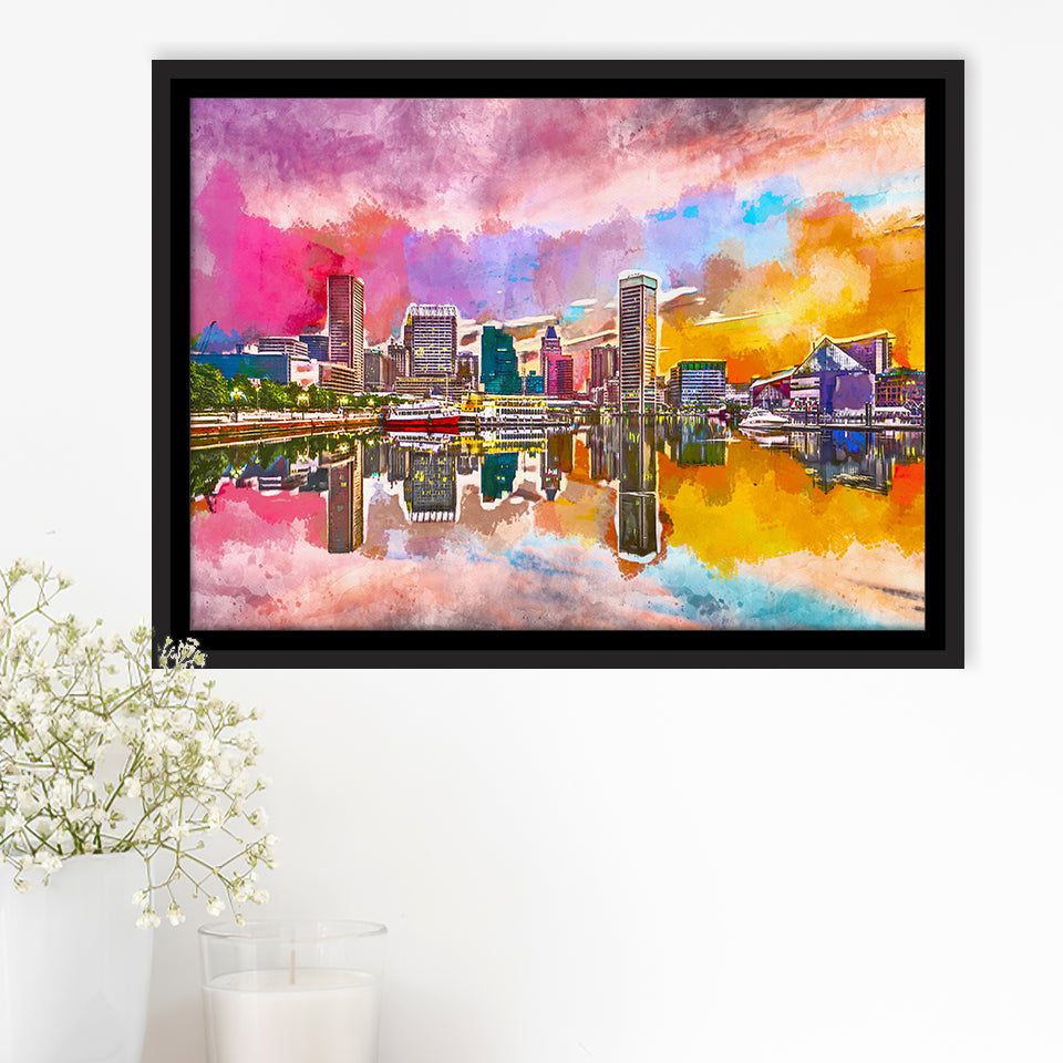 Baltimore Maryland Usa Skyline On Inner City Art Watercolor Framed Canvas Prints Wall Art Home Decor,Floating Frame
