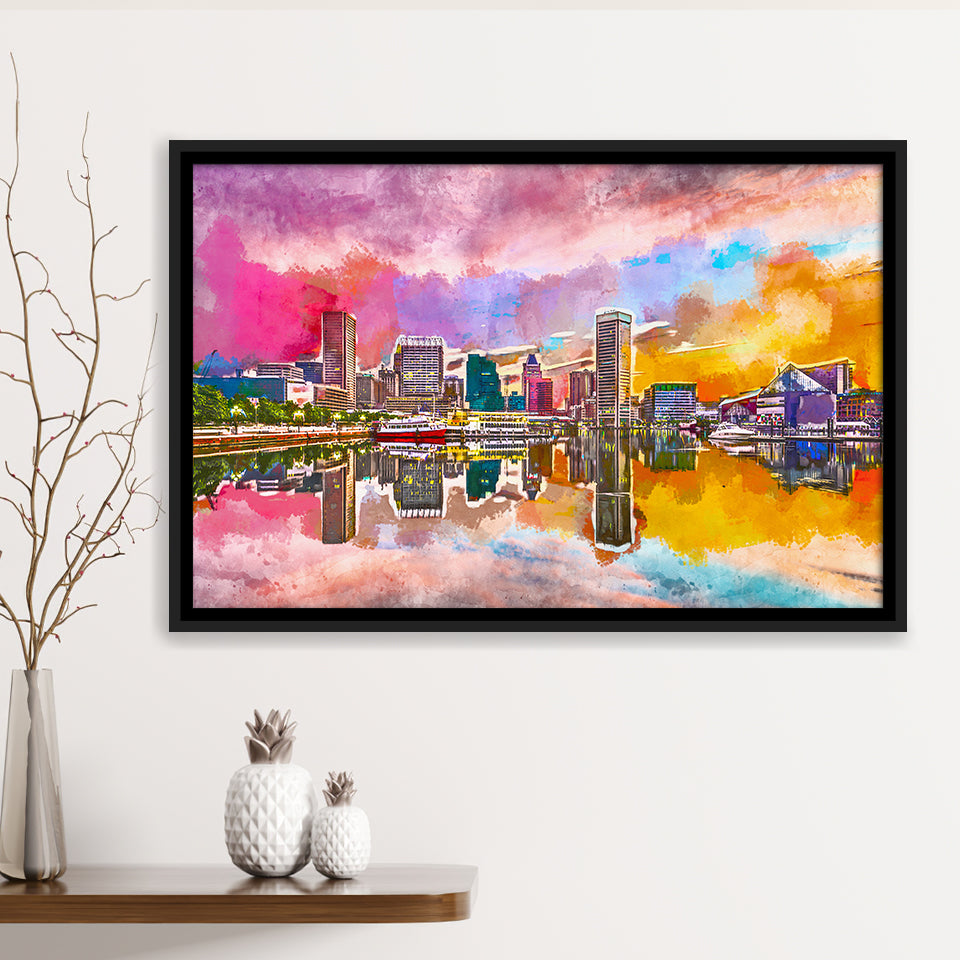 Baltimore Maryland Usa Skyline On Inner City Art Watercolor Framed Canvas Prints Wall Art Home Decor,Floating Frame