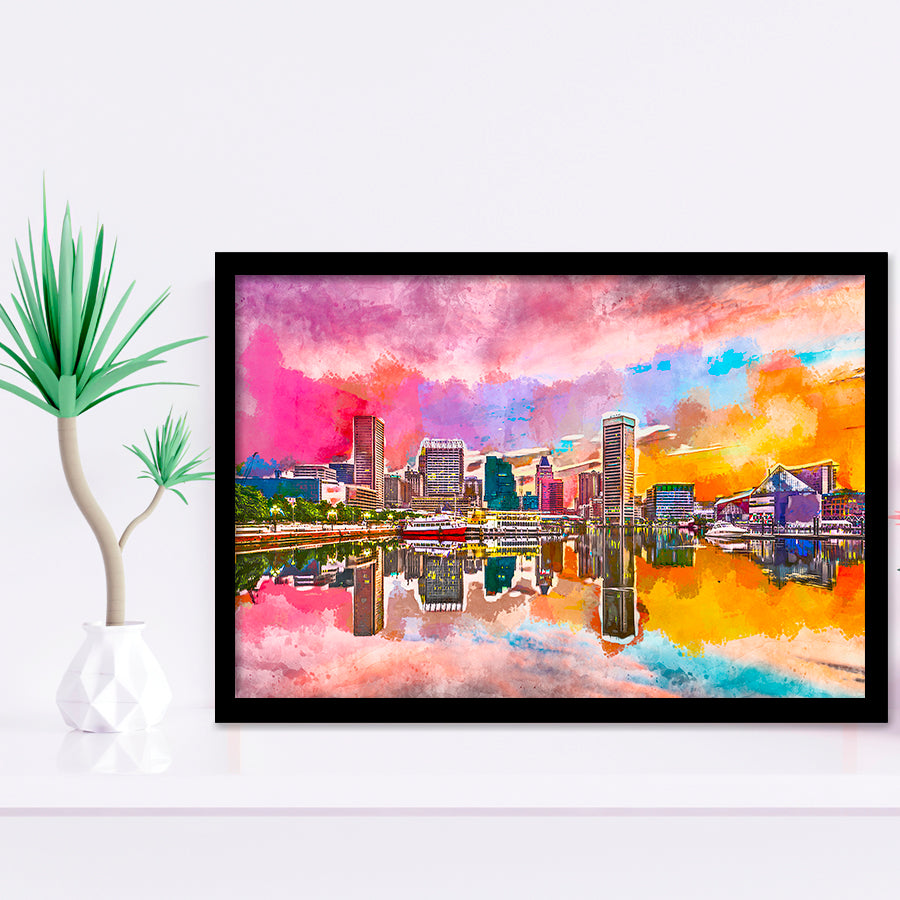 Baltimore Maryland Usa Skyline On Inner City Art Watercolor Framed Art Prints Wall Art Decor,Framed Picture