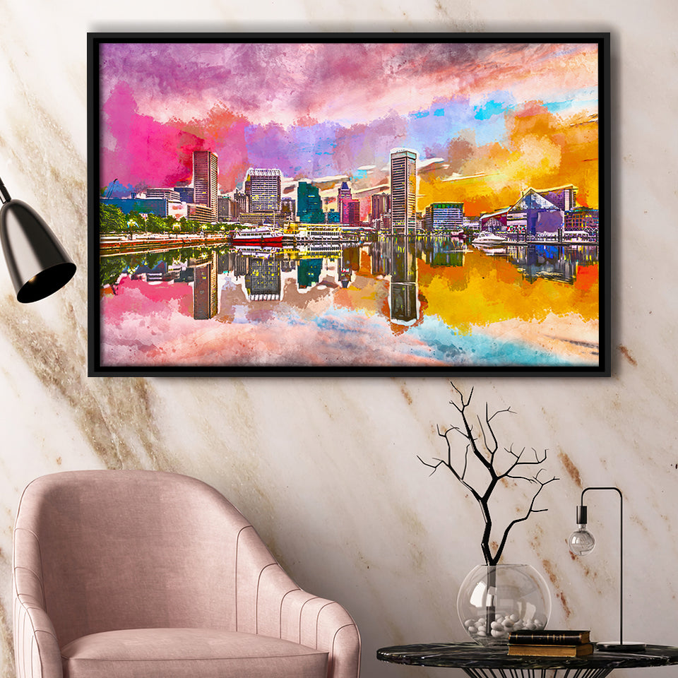 Baltimore Maryland Usa Skyline On Inner City Art Watercolor Framed Canvas Prints Wall Art Home Decor,Floating Frame