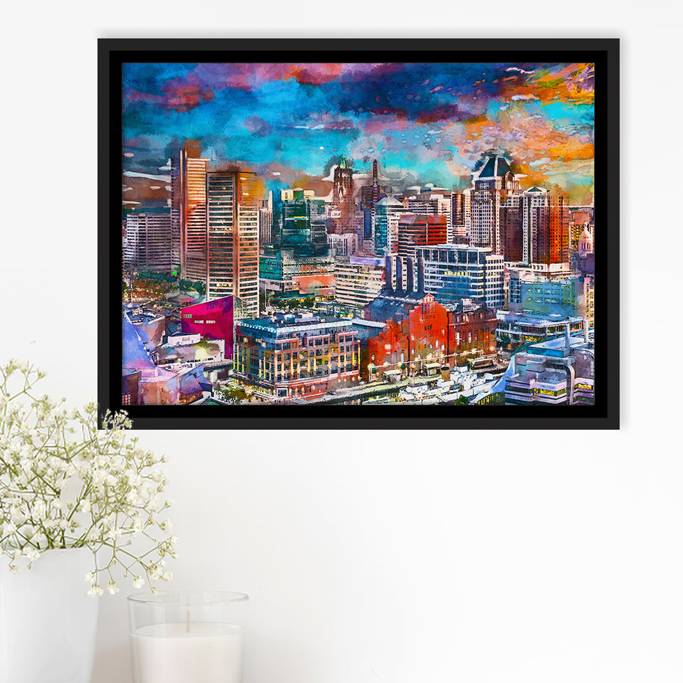 Baltimore Maryland Usa Skyline Over Inner City Art Watercolor Framed Canvas Prints Wall Art Home Decor,Floating Frame