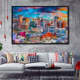Baltimore Maryland Usa Skyline Over Inner City Art Watercolor Framed Canvas Prints Wall Art Home Decor,Floating Frame