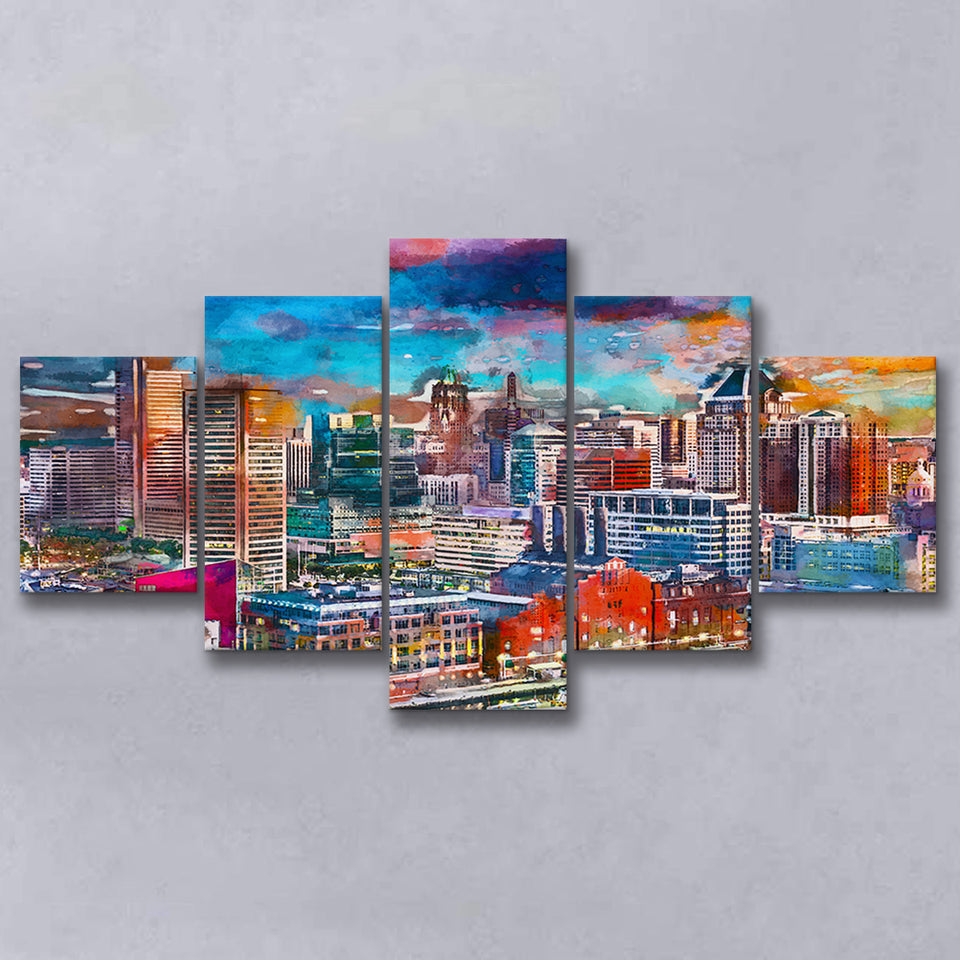 Baltimore Maryland Usa Skyline Over Inner 5 Pieces Mixed Canvas Prints Wall Art Home Decor