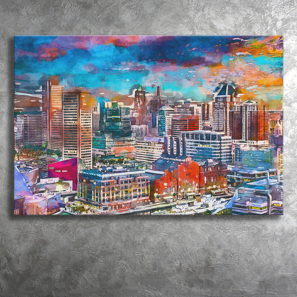 Baltimore Maryland Usa Skyline Over Inner City Art Watercolor Canvas Prints Wall Art Home Decor, Large Canvas