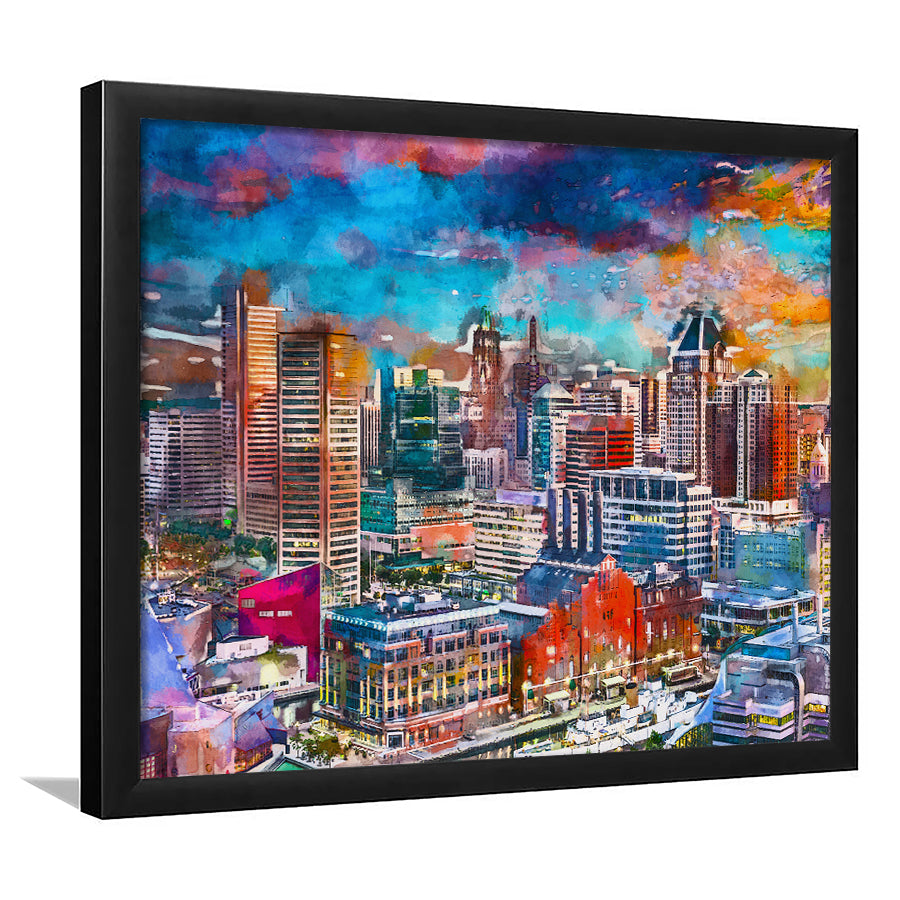 Baltimore Maryland Usa Skyline Over Inner City Art Watercolor Framed Art Prints Wall Art Decor,Framed Picture