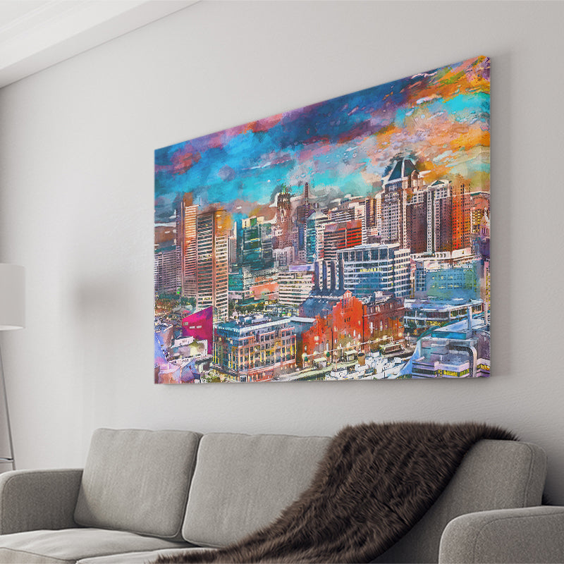 Baltimore Maryland Usa Skyline Over Inner City Art Watercolor Canvas Prints Wall Art Home Decor, Large Canvas