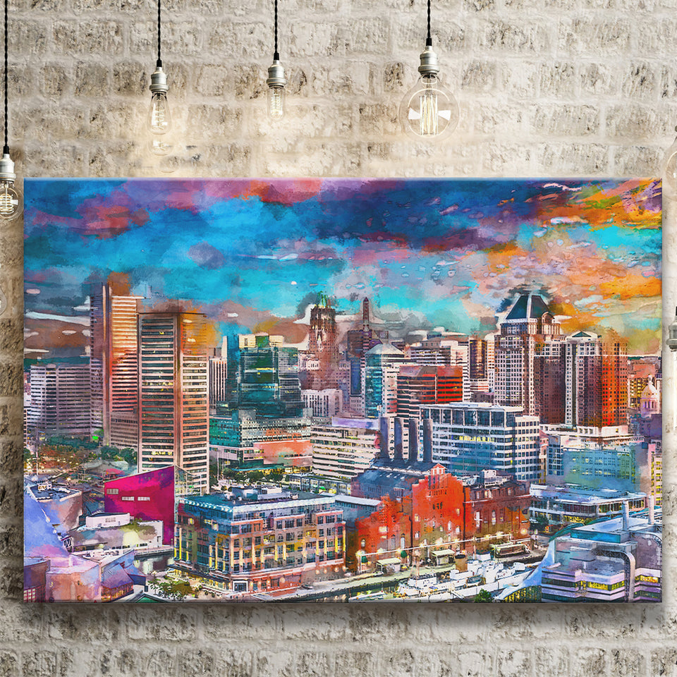 Baltimore Maryland Usa Skyline Over Inner City Art Watercolor Canvas Prints Wall Art Home Decor, Large Canvas