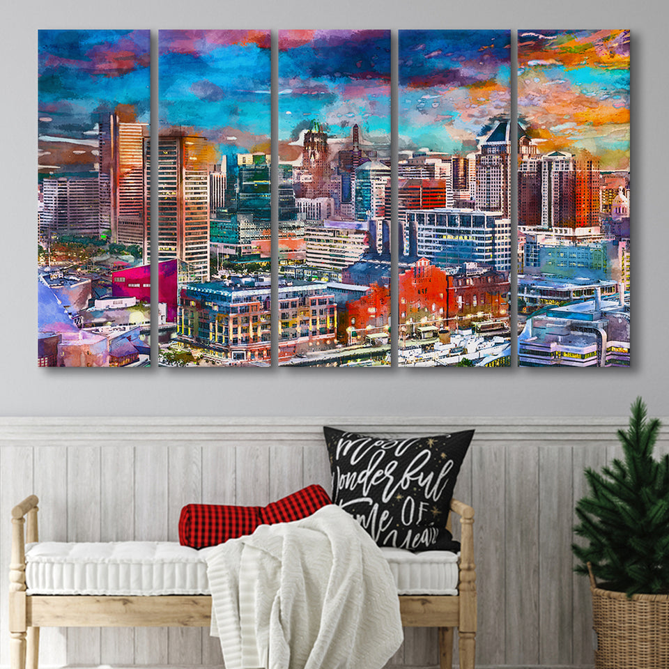 Baltimore Maryland Usa Skyline Over Inner 5 Pieces Extra Large Canvas Prints Wall Art Home Decor