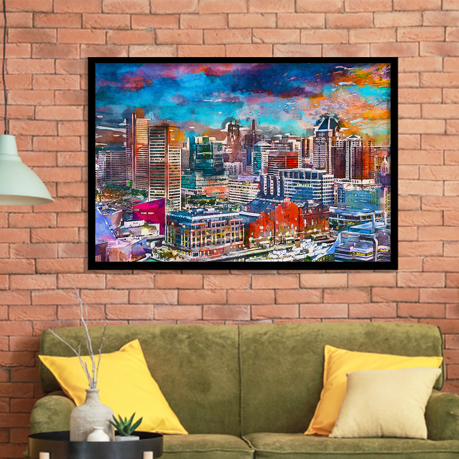 Baltimore Maryland Usa Skyline Over Inner City Art Watercolor Framed Art Prints Wall Art Decor,Framed Picture