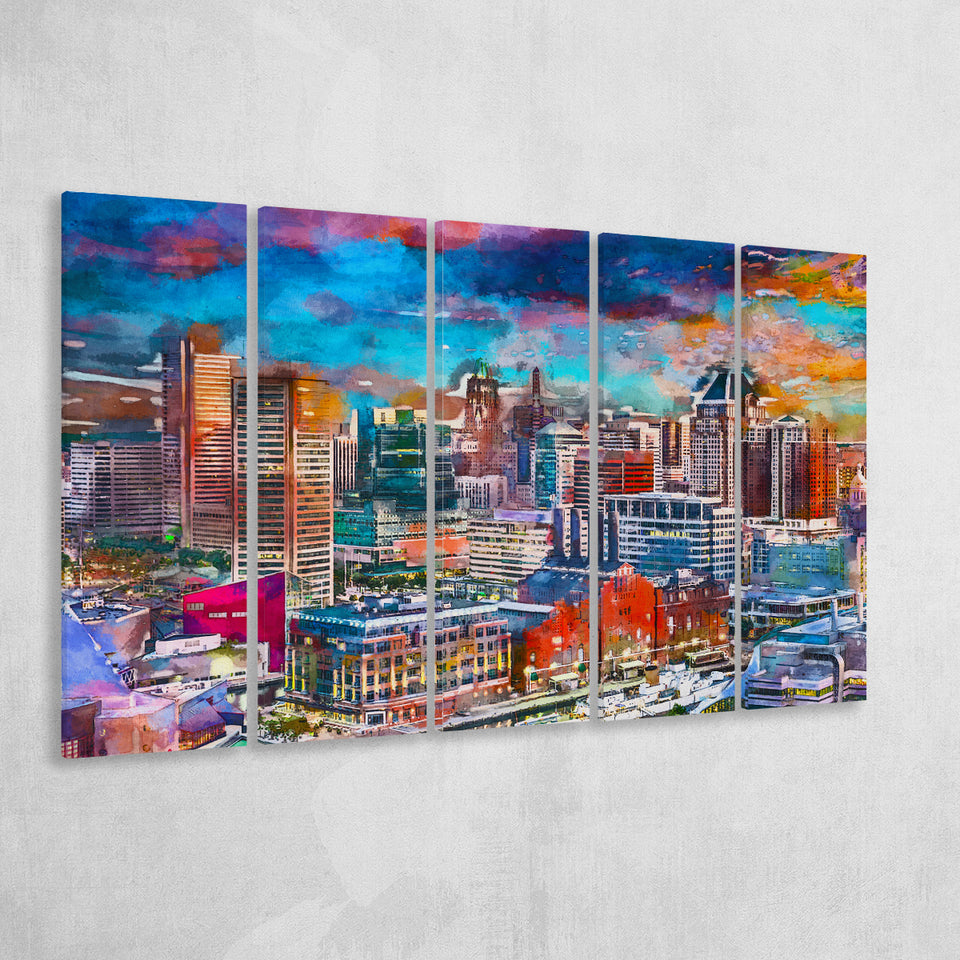 Baltimore Maryland Usa Skyline Over Inner 5 Pieces Extra Large Canvas Prints Wall Art Home Decor