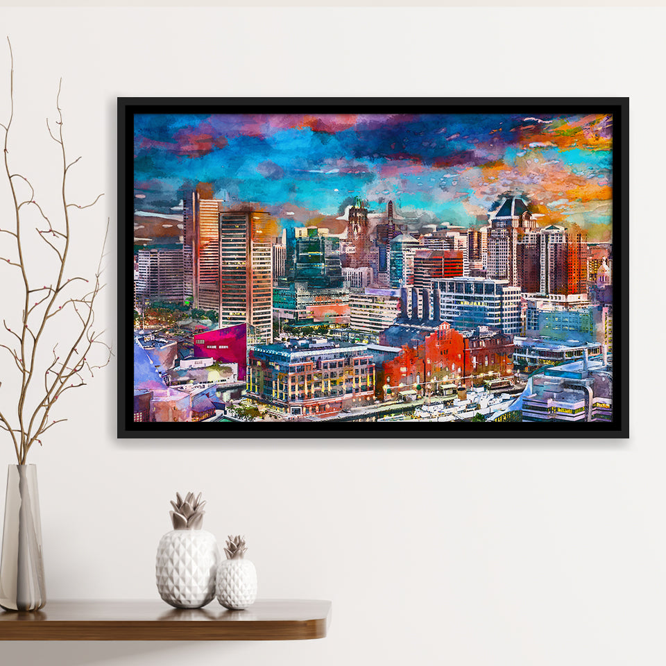 Baltimore Maryland Usa Skyline Over Inner City Art Watercolor Framed Canvas Prints Wall Art Home Decor,Floating Frame
