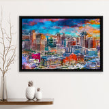 Baltimore Maryland Usa Skyline Over Inner City Art Watercolor Framed Canvas Prints Wall Art Home Decor,Floating Frame