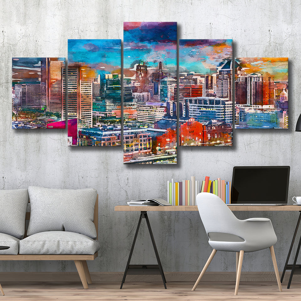 Baltimore Maryland Usa Skyline Over Inner 5 Pieces Mixed Canvas Prints Wall Art Home Decor