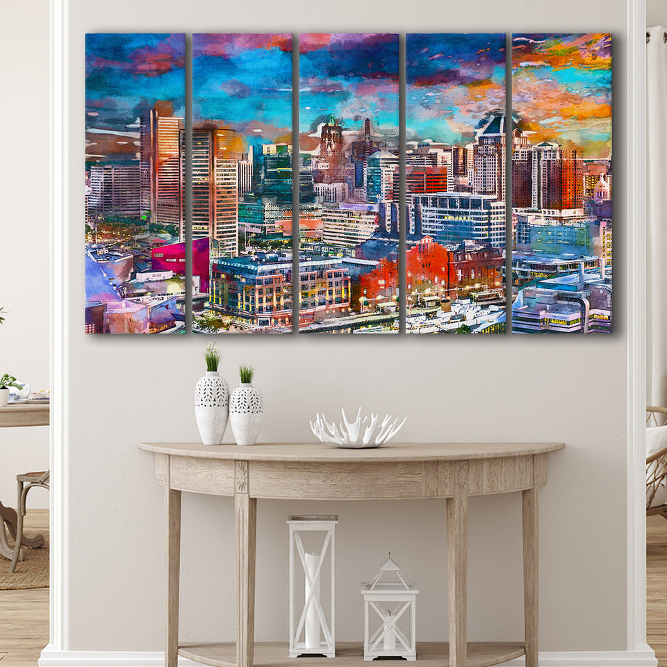 Baltimore Maryland Usa Skyline Over Inner 5 Pieces Extra Large Canvas Prints Wall Art Home Decor