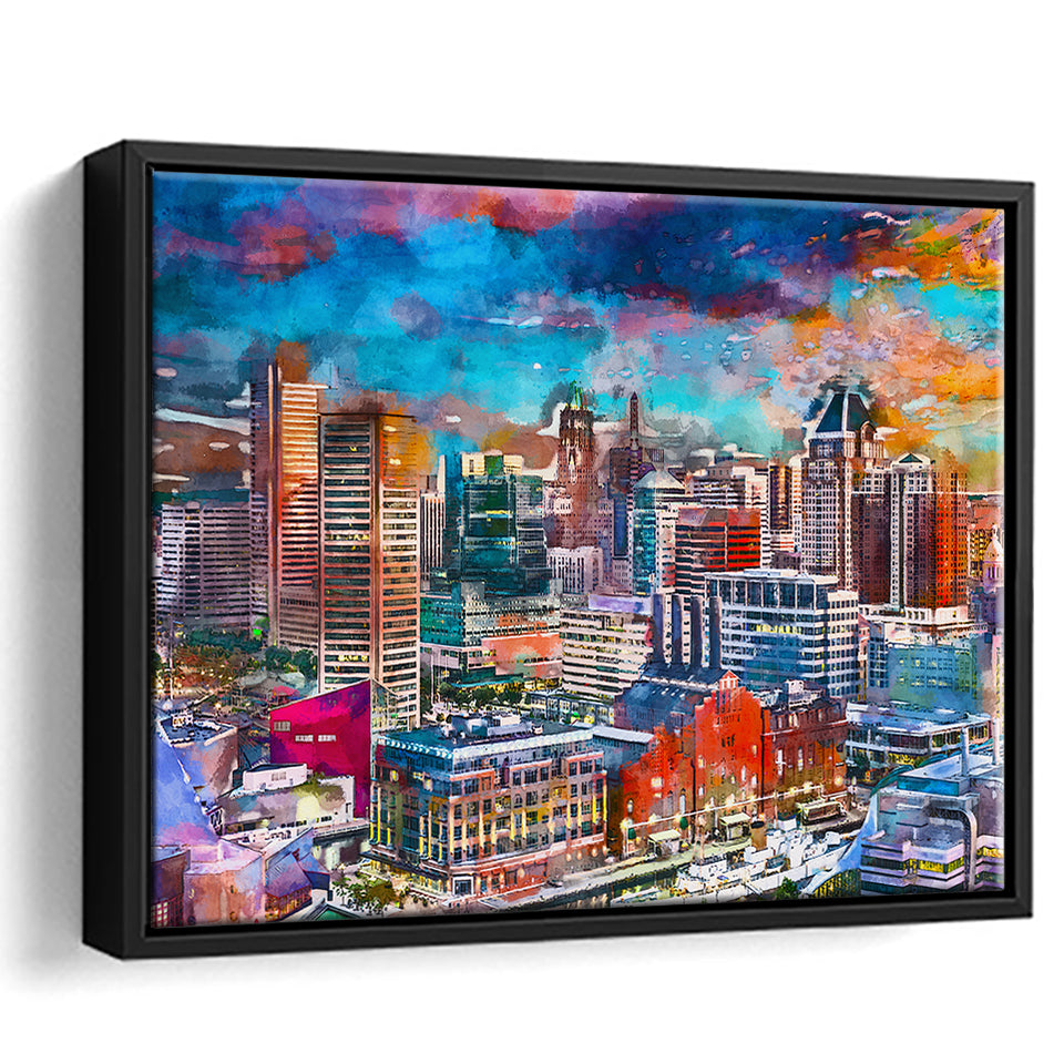 Baltimore Maryland Usa Skyline Over Inner City Art Watercolor Framed Canvas Prints Wall Art Home Decor,Floating Frame
