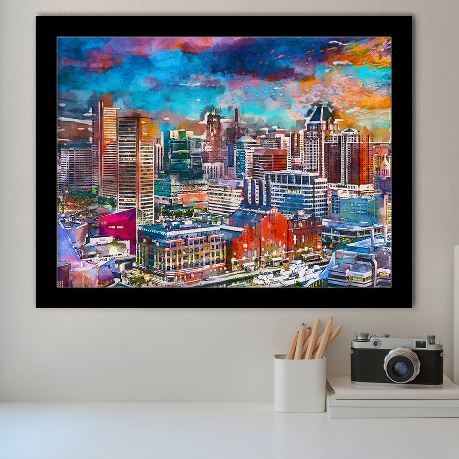 Baltimore Maryland Usa Skyline Over Inner City Art Watercolor Framed Art Prints Wall Art Decor,Framed Picture