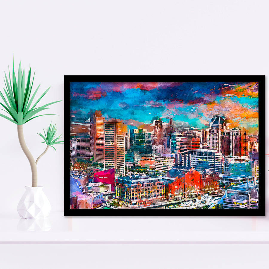 Baltimore Maryland Usa Skyline Over Inner City Art Watercolor Framed Art Prints Wall Art Decor,Framed Picture