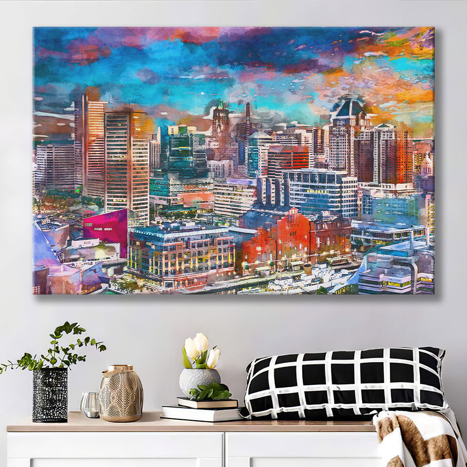 Baltimore Maryland Usa Skyline Over Inner City Art Watercolor Canvas Prints Wall Art Home Decor, Large Canvas