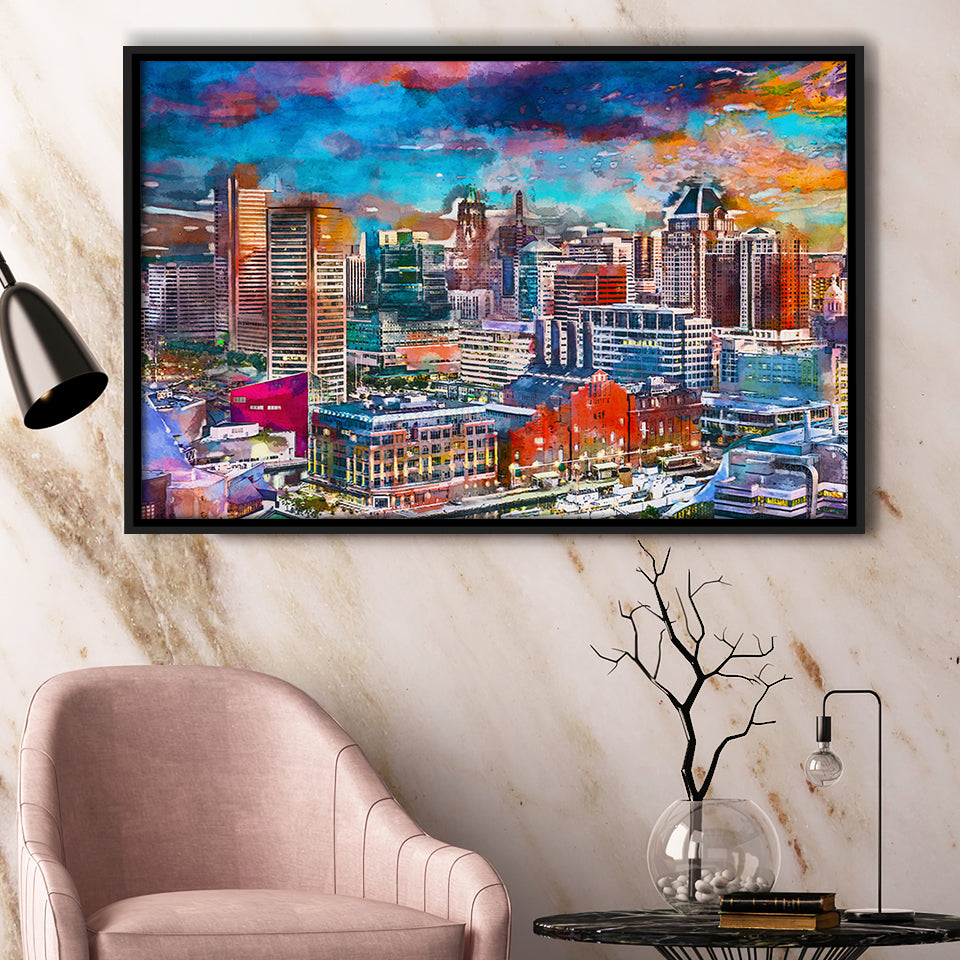 Baltimore Maryland Usa Skyline Over Inner City Art Watercolor Framed Canvas Prints Wall Art Home Decor,Floating Frame