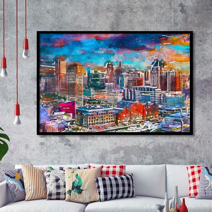 Baltimore Maryland Usa Skyline Over Inner City Art Watercolor Framed Art Prints Wall Art Decor,Framed Picture