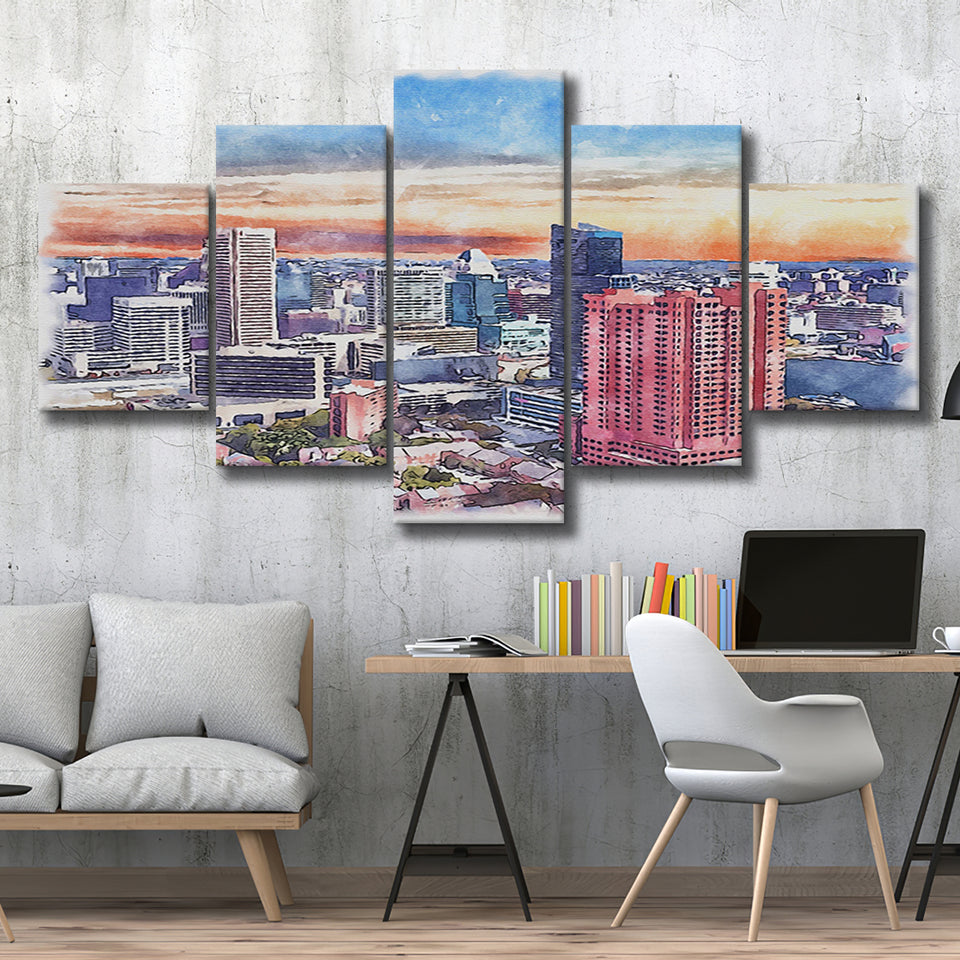 Baltimore Watercolor Baltimore Maryland, 5 Pieces, Multi Panel Canvas Prints Wall Art Decor