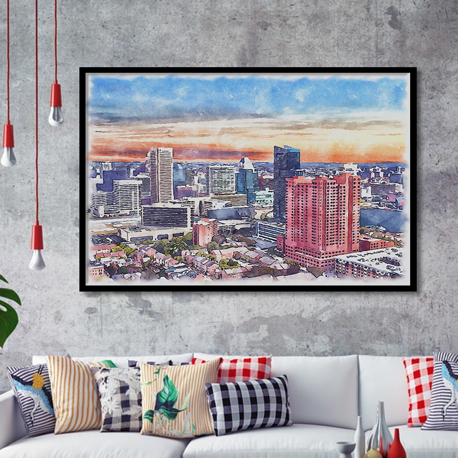 Baltimore Watercolor Baltimore Maryland, Sport Prints Fan Gift, Framed Art Prints Wall Art Decor
