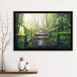 Bamboo Bridge Over The River in Tropical Forest, Bamboo Forest Framed Canvas Prints Wall Art Decor, Black Floating Frame