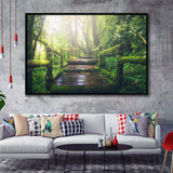 Bamboo Bridge Over The River in Tropical Forest, Bamboo Forest Framed Canvas Prints Wall Art Decor, Black Floating Frame